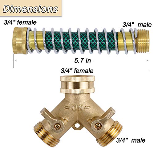 Triumpeek 3/4" Brass 2 Way Hose Splitter, Brass 2 Way Garden Hose Connector with 2 Pcs Garden Hose Coiled Spring Protectors and 6 Rubber Washers