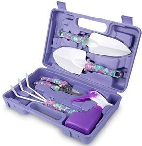 lekeone gardening tools set, unique gardening gifts for women, gardening hand tools with purple carrying case, gardening kit for home gardening flowers potted trim loosing planting tools (5pcs)
