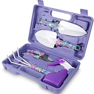 LEKEONE Gardening Tools Set, Unique Gardening Gifts for Women, Gardening Hand Tools with Purple Carrying Case, Gardening Kit for Home Gardening Flowers Potted Trim Loosing Planting Tools (5PCS)