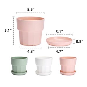 Matekxy Plastic Plant Pots Set of 3 Packs 5.5inch Planters with Drainage Hole and Saucer Tray Flower Pot with Multiple Drainage Holes and Trays for Home Garden, 3 Color - White, Pink and Mint Green