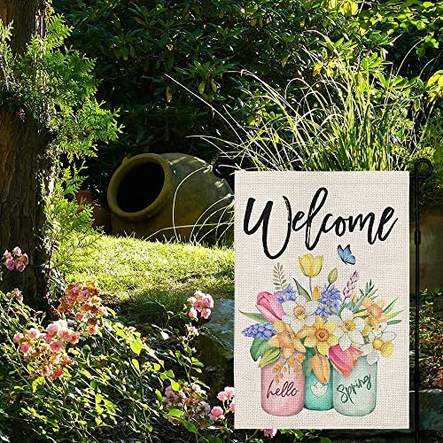 CROWNED BEAUTY Spring Garden Flag Floral Mason Jar 12×18 Inch Double Sided for Outside Vertical Holiday Seasonal Welcome Yard Flag