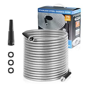 FUDESY Garden Hose - 75FT 304 Stainless Steel Metal Heavy Duty Durable Water Hose, Adjustable Nozzle with Six Spray Modes for Outdoor Yard, No Kink and Tangle, Lightweight, Fiexible, Easy to Store
