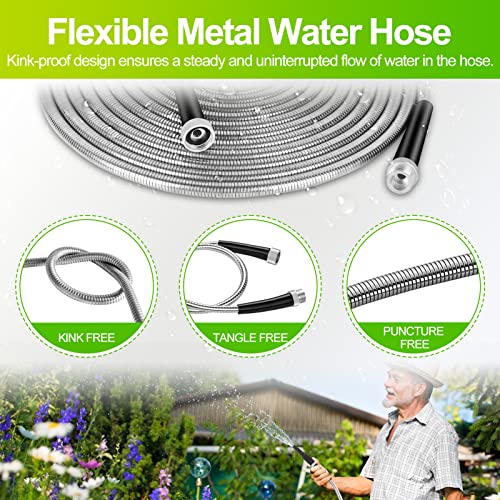 FUDESY Garden Hose - 75FT 304 Stainless Steel Metal Heavy Duty Durable Water Hose, Adjustable Nozzle with Six Spray Modes for Outdoor Yard, No Kink and Tangle, Lightweight, Fiexible, Easy to Store