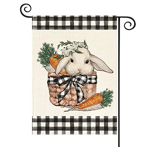 AVOIN colorlife Easter Teacup Bunny Garden Flag 12x18 Inch Double Sided Outside, Buffalo Plaid Spring Dwarf Rabbit Yard Outdoor Decoration