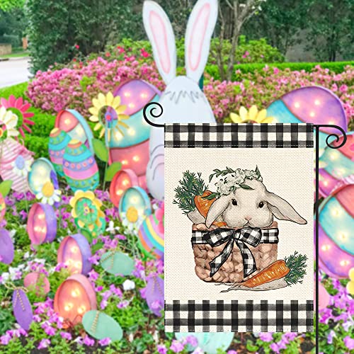 AVOIN colorlife Easter Teacup Bunny Garden Flag 12x18 Inch Double Sided Outside, Buffalo Plaid Spring Dwarf Rabbit Yard Outdoor Decoration