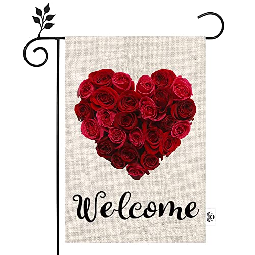 CROWNED BEAUTY Valentines Day Garden Flag 12×18 Inch Vertical Double Sided Valentine Rose Heart Welcome Flag for Outside Yard Anniversary Wedding Farmhouse Décor CF026-12