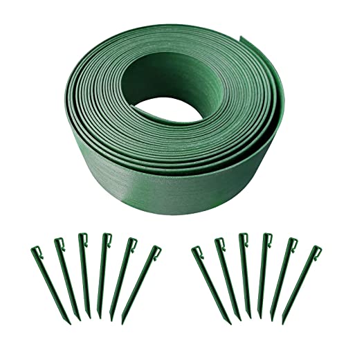 MTB Landscape Edging Coil Kit 4 Inch High Terrace Board with 12 10-inch Spikes，40 FEET, Green