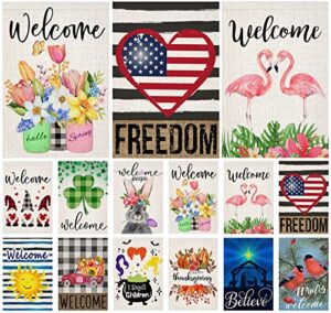 doncida 12pcs seasonal garden flags set double sided burlap 12×18 inch welcome spring summer freedom holidays garden flag, small yard flag for outdoor decorations
