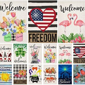 Doncida 12pcs Seasonal Garden Flags Set Double Sided Burlap 12x18 Inch Welcome Spring Summer Freedom Holidays Garden Flag, Small Yard Flag for Outdoor Decorations