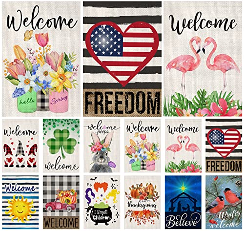 Doncida 12pcs Seasonal Garden Flags Set Double Sided Burlap 12x18 Inch Welcome Spring Summer Freedom Holidays Garden Flag, Small Yard Flag for Outdoor Decorations