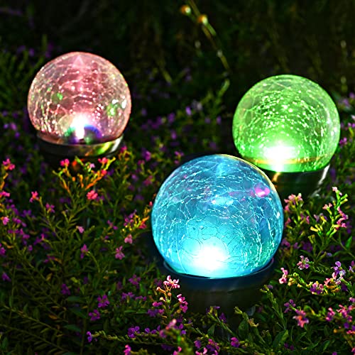 GIGALUMI Solar Lights Outdoor, Cracked Glass Ball Solar Garden Lights, Cold White/Color Changing Lights Outdoor,Garden LED Lights for Path, Patio, Yard, 3 Pack Solar Garden Lights Outdoor Pathway