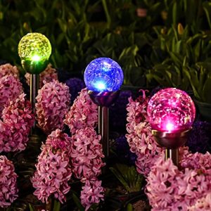 gigalumi solar lights outdoor, cracked glass ball solar garden lights, cold white/color changing lights outdoor,garden led lights for path, patio, yard, 3 pack solar garden lights outdoor pathway