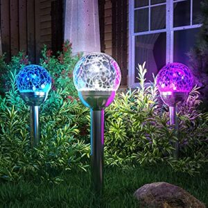 GIGALUMI Solar Lights Outdoor, Cracked Glass Ball Solar Garden Lights, Cold White/Color Changing Lights Outdoor,Garden LED Lights for Path, Patio, Yard, 3 Pack Solar Garden Lights Outdoor Pathway