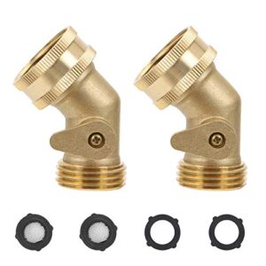 styddi 45 degree garden hose elbow brass connector with shut-off valve, 3/4” ght water hose elbow adapter for rvs or outdoors, with 2 extra rubber washers and 2 washers with screen, 2 pack