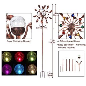 Solar Wind Spinner New 75in Jewel Cup LED Lighting Solar Powered Glass Ball with Kinetic Wind Spinner Dual Direction, Solar Windmill Spinner for Patio Lawn & Garden, Yard Spinner