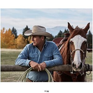 kevin costner in yellowstone (tv show 2018-) leaning against fence with horse 8 inch by 10 inch photograph, bg