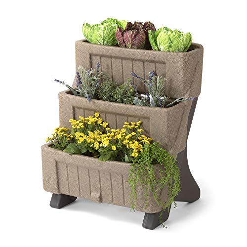 Simplay3 American Home™ 3-Level Multi Tiered Planter – Larger Planter Boxes for Indoor and Outdoor Garden Beds, Natural Stone Color, Made in USA