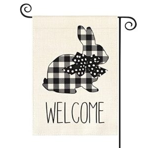 avoin colorlife easter buffalo plaid rabbit garden flag 12×18 inch double sided outside, bunny welcome polka dot bow yard outdoor decoration