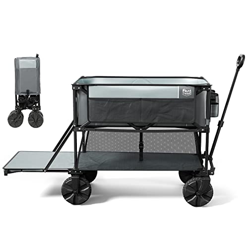 TIMBER RIDGE Folding Double Decker Wagon, Heavy Duty Collapsible Wagon Cart with 54" Lower Decker, All-Terrain Big Wheels for Camping, Sports, Shopping, Garden and Beach, Support Up to 225lbs, Gray