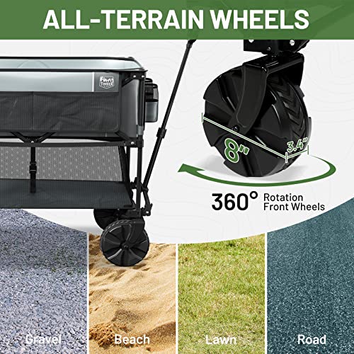 TIMBER RIDGE Folding Double Decker Wagon, Heavy Duty Collapsible Wagon Cart with 54" Lower Decker, All-Terrain Big Wheels for Camping, Sports, Shopping, Garden and Beach, Support Up to 225lbs, Gray