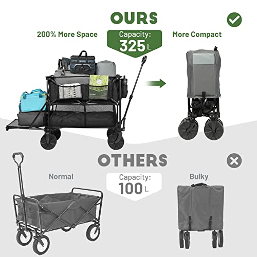 TIMBER RIDGE Folding Double Decker Wagon, Heavy Duty Collapsible Wagon Cart with 54" Lower Decker, All-Terrain Big Wheels for Camping, Sports, Shopping, Garden and Beach, Support Up to 225lbs, Gray