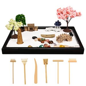 yoquare mini zen garden kit – 10″ x 7″ upgraded zen garden for desk with 18 accessories sand garden decoration included sand tray,zen garden rake,trees,pagoda,bridge,pavilion,boat zen gifts women