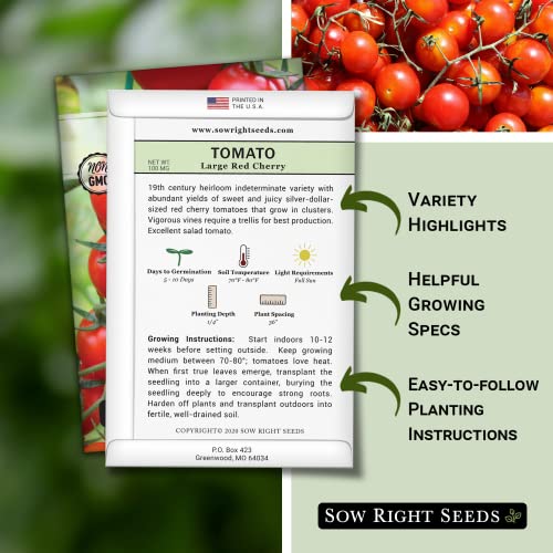 Sow Right Seeds - Large Red Cherry Tomato Seed for Planting - Non-GMO Heirloom Packet with Instructions to Plant a Home Vegetable Garden - Great Gardening Gift (1)