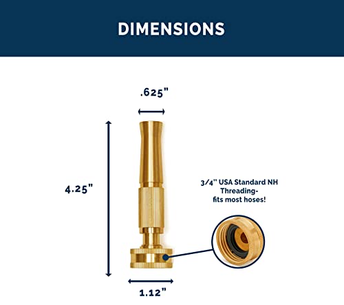 Morvat Solid Brass Metal Twist Garden Hose Nozzle, Heavy Duty Adjustable Power Spray Attachment, High Pressure Water Jet Sprayer with ¾” Standard Threading, Includes 2 Extra Rubber Washers