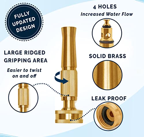 Morvat Solid Brass Metal Twist Garden Hose Nozzle, Heavy Duty Adjustable Power Spray Attachment, High Pressure Water Jet Sprayer with ¾” Standard Threading, Includes 2 Extra Rubber Washers