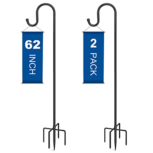 Bluwing 62 Inches Outdoor Shepherd Hook with 5 Prong Base (2 Packs), Stand Pole for Humming Bird Feeder, Adjustable Freestanding Hanger Base for Flower Planter, Outside Garden Holder for Wind Chime