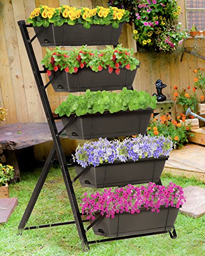 KING BIRD 4ft Vertical Raised Garden Bed 5 Tiers Planter Box Freestanding Garden Planter Outdoor and Indoor with Removable Tray for Growing Vegetables Herbs Flowers on Patio Balcony Black