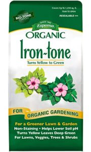 espoma organic iron-tone 3-0-3 organic fertilizer and plant food to help correct iron deficiency (chlorosis). 5 lb. bag. turns yellow to green, non staining iron