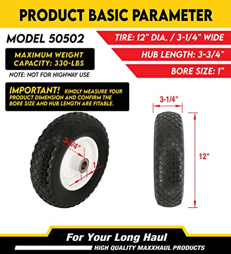 MaxxHaul 50502 12" Flat Free Solid Polyurethane All-Purpose Replacement Tire for Trailer Dollies Hand Trucks, Garden Carts, 12 inch, Black