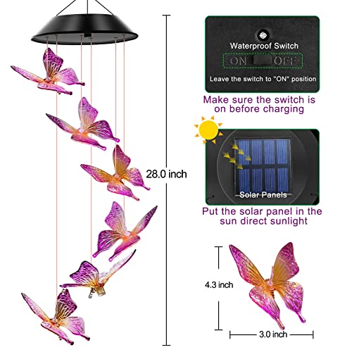 WENANA Purple Butterfly Solar Wind Chimes Color Changing Lights Outdoor, Best Gifts for Mom Grandma Women Wife Aunt Sister, Unique Mobile Wind Chime, Mothers Day Yard Decor