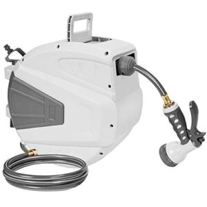 orcish hose reel,3/8 66 ft wall mounted retractable garden hose-reel with 9 adjustable sprayer nozzle any length lock/automatic rewind/slow return system/wall mounted/180°swivel bracket(grey)