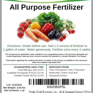 Triple 10 All Purpose Liquid Fertilizer 10-10-10 with Amino Acids (5.5%) & Seaweed Extract (32oz)