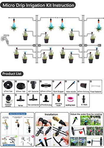 Drip Irrigation Kit, 164FT/50M Garden Watering System, Greenhouse Patio Irrigation System, Automatic Irrigation Equipment Kits, Blank Distribution Tubing Hose Adjustable Nozzle (11mm/0.43", 7mm/0.27")