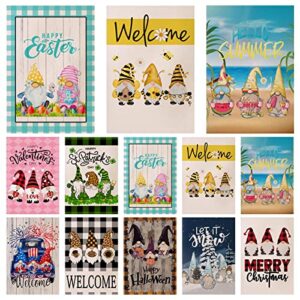set of 10 gnome seasonal garden flags, double-side printed festival yard flag vertical burlap gnome garden flags colorful welcome house flag for halloween christmas fall and more(12.6 x 18.1 inch)