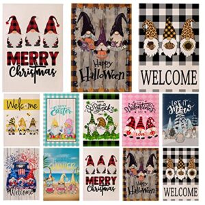 Set of 10 Gnome Seasonal Garden Flags, Double-side Printed Festival Yard Flag Vertical Burlap Gnome Garden Flags Colorful Welcome House Flag for Halloween Christmas Fall and More(12.6 x 18.1 inch)