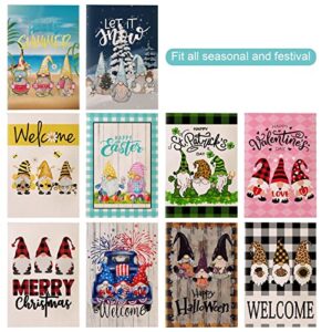 Set of 10 Gnome Seasonal Garden Flags, Double-side Printed Festival Yard Flag Vertical Burlap Gnome Garden Flags Colorful Welcome House Flag for Halloween Christmas Fall and More(12.6 x 18.1 inch)
