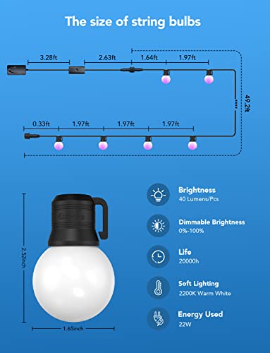 Govee Outdoor String Lights, 50ft G40 RGBIC Warm White String Lights with 25 Dimmable LED Bulbs, IP65 Waterproof Outdoor Lights with App Control for Balcony, Garden, Patio, Party