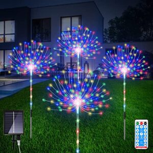 aoflict solar garden lights, 4 pack colorful waterproof solar garden fireworks lamp with remote 126 led fireworks solar lights outdoor 8 modes landscape light for lawn, yard, flowerbed, pathway