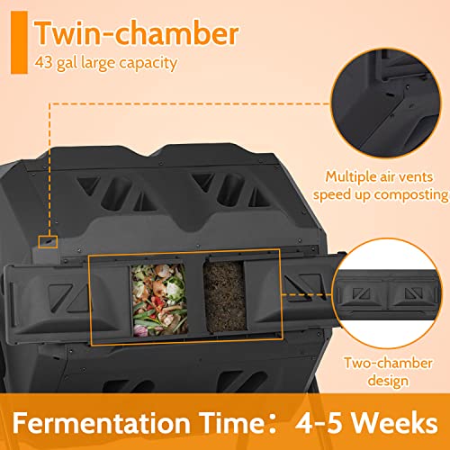 43 Gallon Compost Bin Outdoor Tumbling Composting Bins Compost Tumbler Bucket Trash Can w/Dual Chamber Sliding Doors for Garden Patio,Black Door