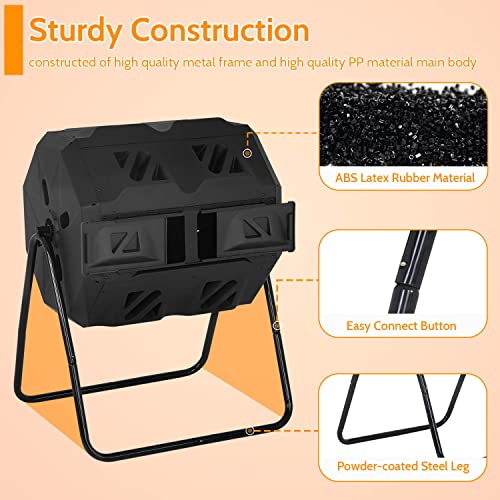 43 Gallon Compost Bin Outdoor Tumbling Composting Bins Compost Tumbler Bucket Trash Can w/Dual Chamber Sliding Doors for Garden Patio,Black Door