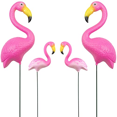 Flamingo Yard Decorations, Set of 4 Bright Pink Flamingos with Metal Stakes, Lawn Plastic Flamingo Ornament for Garden, Yard, Patio, Outdoor Decor, Flamingo Party Decorations for Halloween Christmas