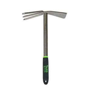 yard butler terra tiller all steel 15” tilling weeding loosening cultivating digging and chopping garden hand tool three thick prongs and heavy duty chopping blade with welded handle – tt-4t