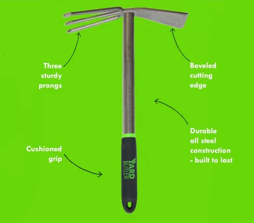 Yard Butler Terra Tiller All Steel 15” Tilling Weeding Loosening Cultivating Digging and Chopping Garden Hand Tool Three Thick Prongs And Heavy Duty Chopping Blade With Welded Handle – TT-4T