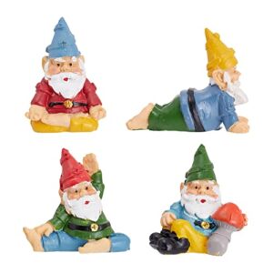 juvale 4 pieces mini garden gnomes, outdoor fairy miniature statue accessories set, decorations in funny poses, yard ornaments for yoga gifts, garden, plant pots decor