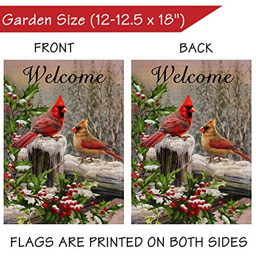 Selmad Home Decorative Merry Christmas Cardinal Garden Flag Welcome Winter Double Sided, Rustic Quote Red Birds House Yard Flag for Xmas, Outside New Year Holly Berry Vintage Outdoor Decorations 12x18