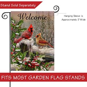 Selmad Home Decorative Merry Christmas Cardinal Garden Flag Welcome Winter Double Sided, Rustic Quote Red Birds House Yard Flag for Xmas, Outside New Year Holly Berry Vintage Outdoor Decorations 12x18